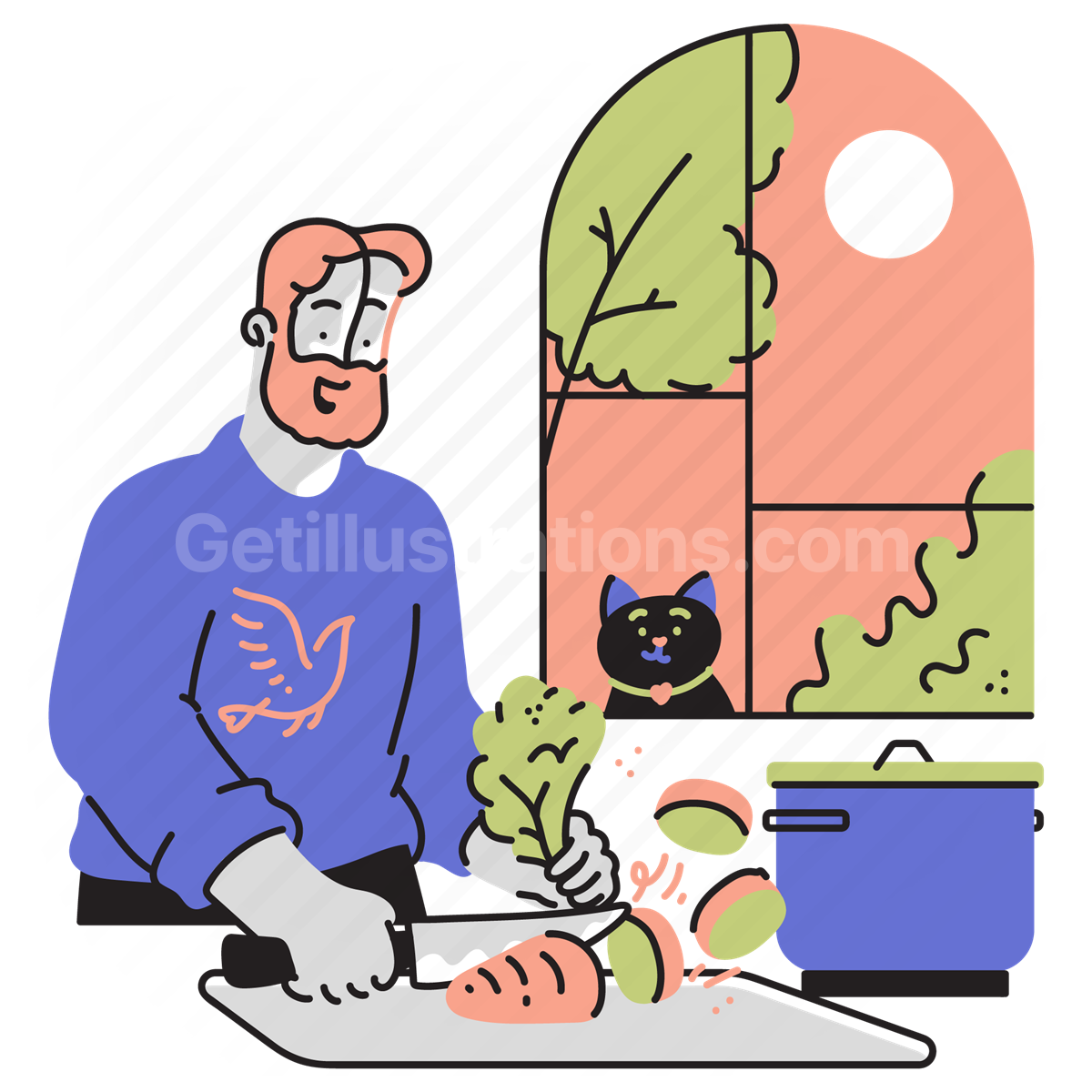 man, cooking, cat, window, chop, pot, kitchen, home, day, people